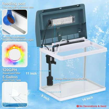 Fish Tank 5 Gallon Self Cleaning Glass Small Aquarium Fish Tank Kit with LED Light Trim and Filter Water Pump